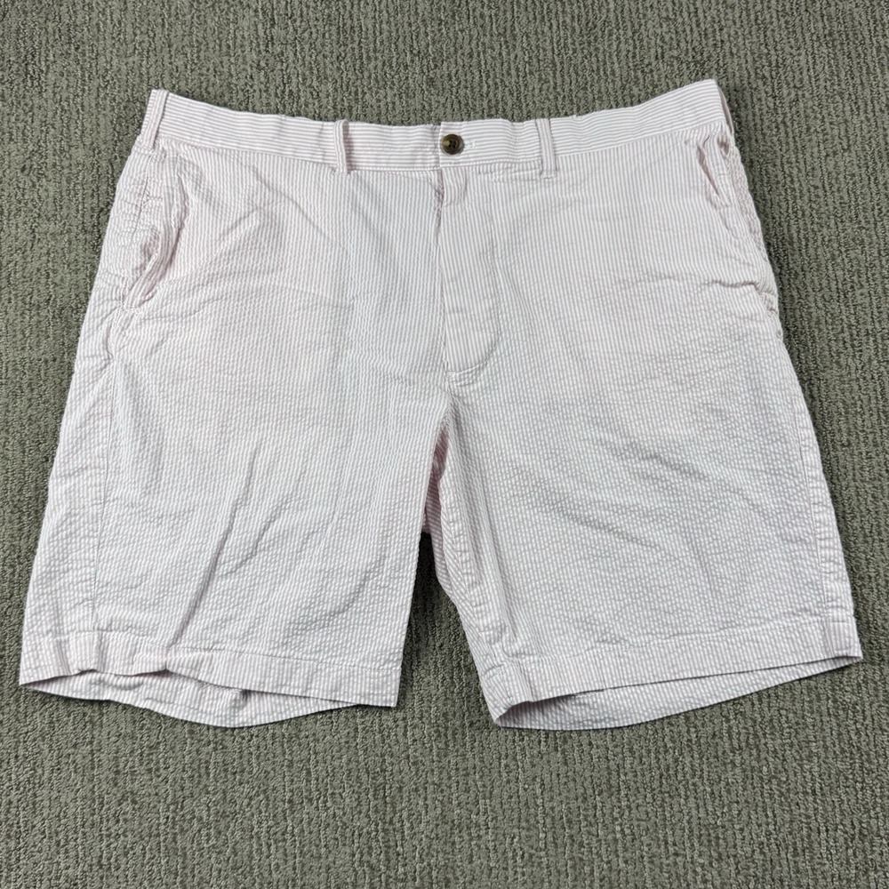 J Crew Mens 38 Seersucker Stretch Chino Shorts 9" Inseam Pink Stripe Preppy